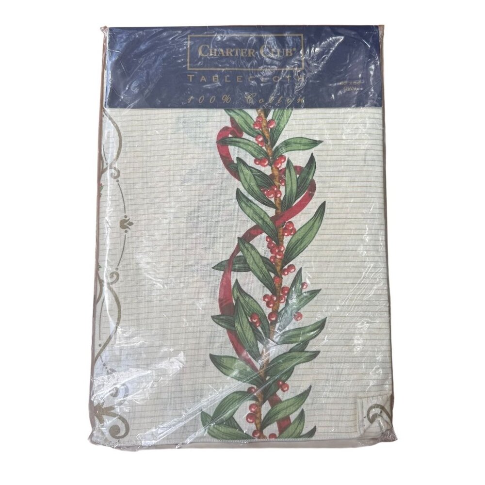 Charter Club Christmas Tablecloth 60" X 84" Oval 100% Cotton Holly Berry Design